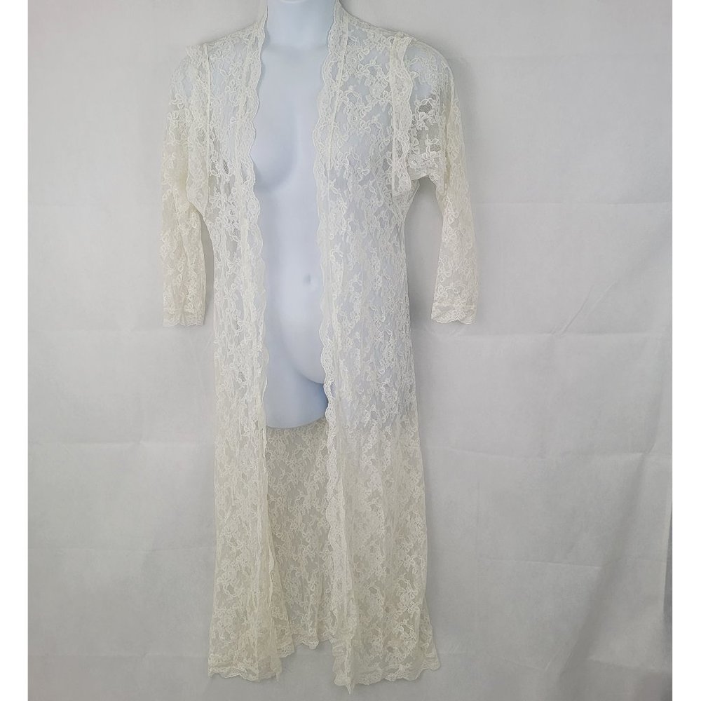 Womens SMALL? Long Kimono Topper Lace WHITE Long Sleeve Sheer Floral Romantic